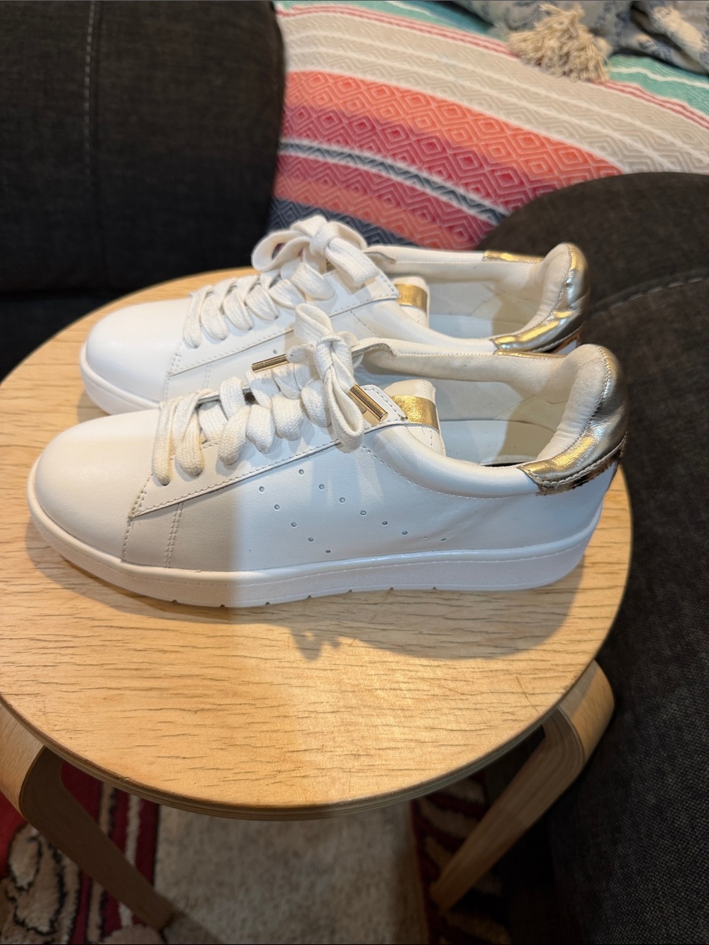White House Black Market White Sneakers with Gold Heel Trim and animal print